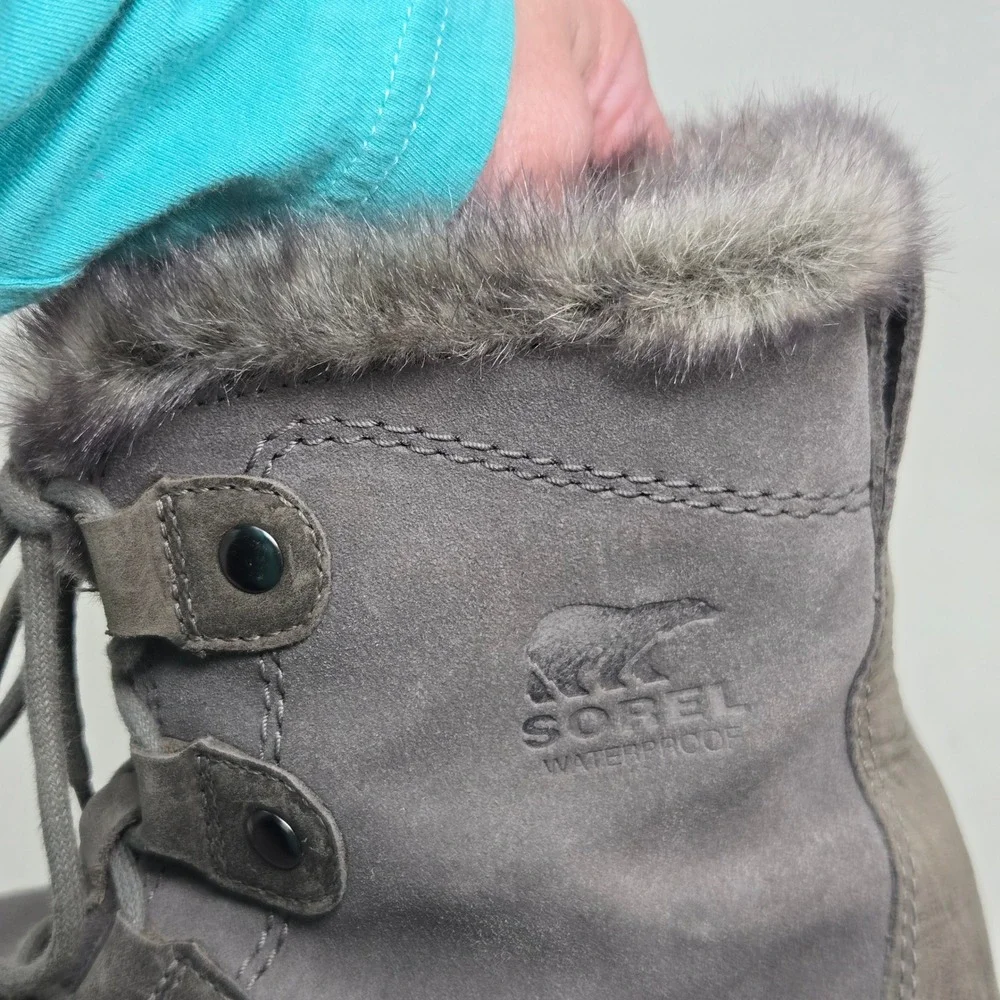 Sorel Explorer Joan Waterproof Winter Boots‎ Grey Suede Faux Fur NL3039-052 Sz 9